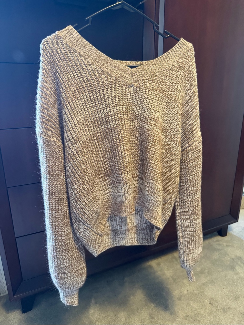 SHEIN Neutral Taupe V-Neck Chunky Knit Sweater